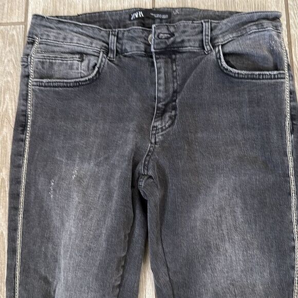 Zara High Rise Black Skinny Jeans Frayed Hem Rhinestone Side Trim Denim‎ Sz 10 - Picture 10 of 12